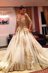 Gold Lace Beaded V-Neck Long Sleeves Ball Gown Wedding Dresses with Chapel Train
